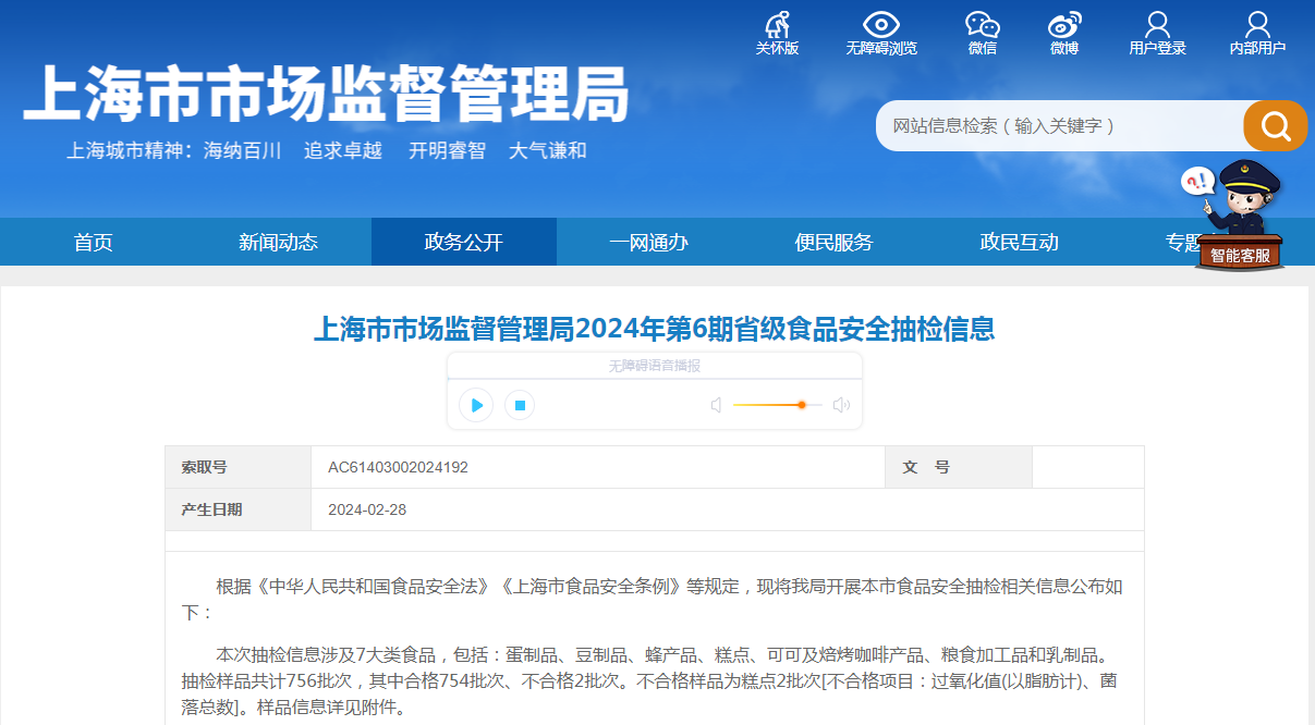  上海市市监局2024年第6期省级食品安全抽检信息