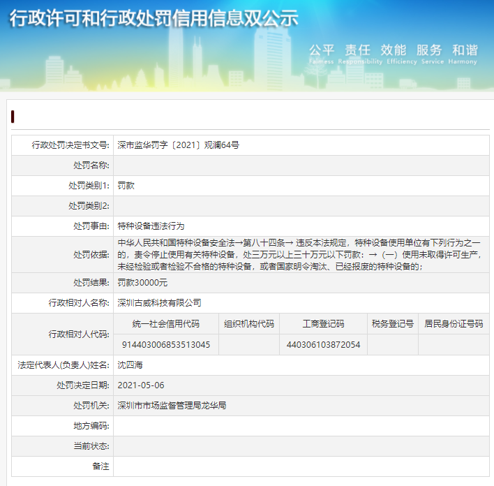  深圳古威科技有限公司特种设备违法行为遭罚款30000元