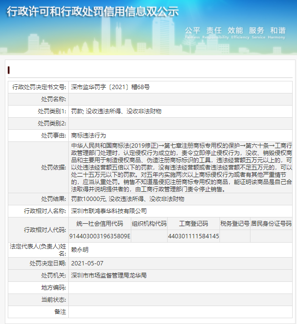  深圳市联鸿泰华科技有限公司商标违法行为被惩罚