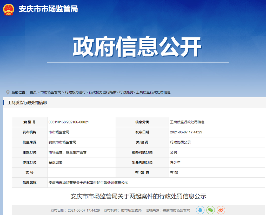  安徽省安庆市市场禁锢局关于两起案件的行政惩罚信息公示