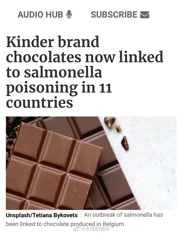 多国暴发巧克力相关沙门氏菌疫情 部门产物已销往中国